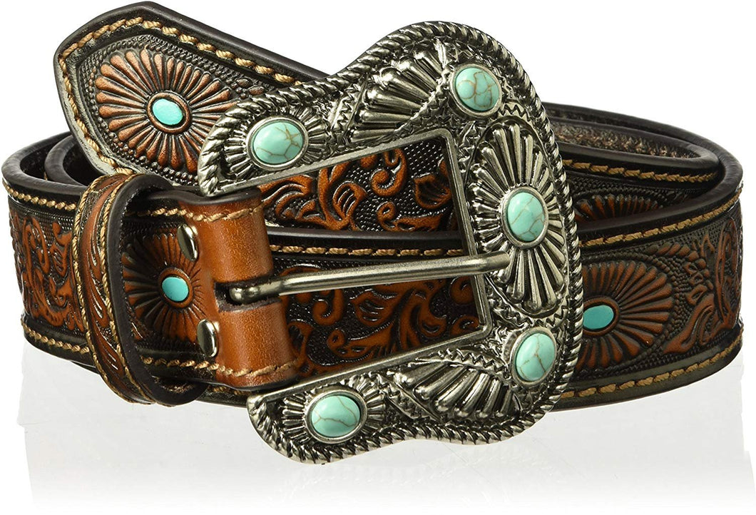 Nocona Belt Co. Women's Scroll Embossed Painted Turquoise Oval Belt, brown, Extra Large --|-- 1465