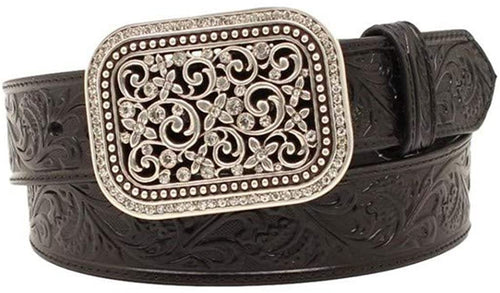 Ariat Black Tooled Belt with Rhinestone Buckle --|-- 14942