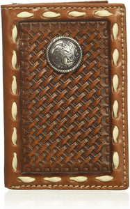 Nocona Belt Co. Men's Nocona Basket Stamp Circle Concho Buckstitch Tri-fold Wallet, brown, One Size --|-- 16671