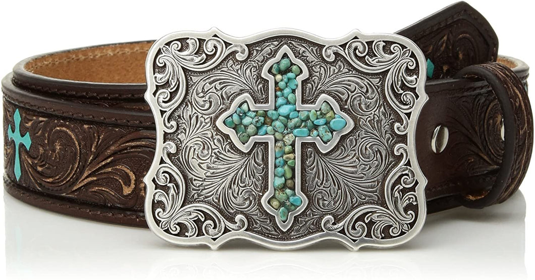 M&F Western Girl's Scroll Embroidery Turquoise Cross Belt (Little Kids/Big Kids) --|-- 4231