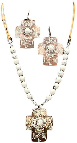 M&F Western Womens Chocolate and White Cross Concho w/Beads Necklace/Earrings Set --|-- 13190