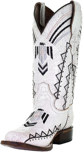 Ladies White Cowhide Embroidery Square Toe Boots --|-- 19802