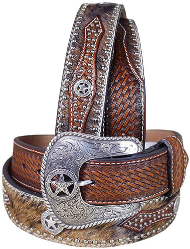 M & F Western Men's Studded Hair-On-Hide Basketweave Overlay Belt Tan 42 --|-- 19082
