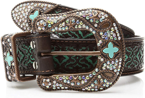 Nocona Belt Co. Women's Aged Geo Turquoise Bling Buckle Set Belt, Brown, Extra Large --|-- 944