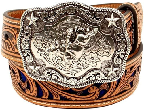M+F Western Products Boys Boys Brown Belt With Blue Inlay Scroll --|-- 18258