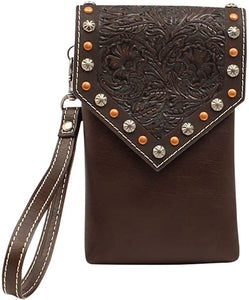 M F Western Products Womens Blaire Leather Tooled Cell Phone Crossbody Brown --|-- 19315