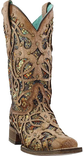 CORRAL Women's Bone Inlay Western Boot Square Toe --|-- 4148