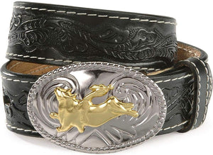 Nocona Boots Boys' 1-1/4" Tooled Bull Rider Floral Leather Western Belt Buckle, Black, 18 --|-- 6432